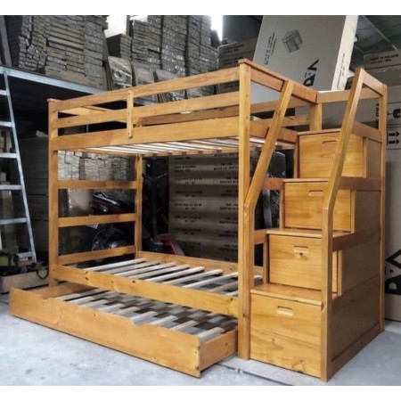 B165 Oak : Giường 3 Tầng Cầu Thang Liên Hợp - 1m